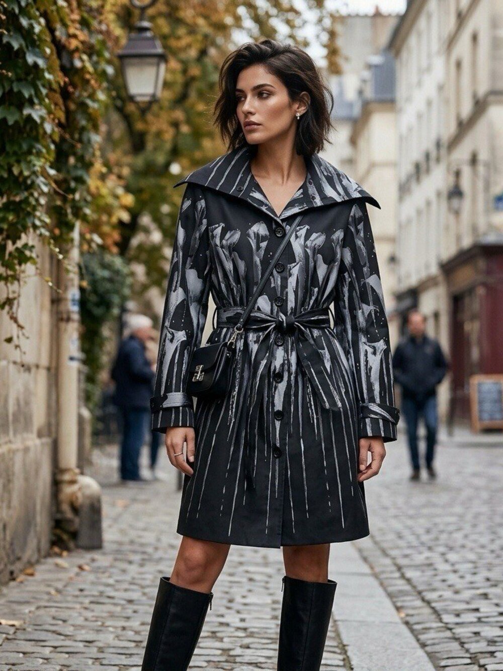 Samuel Dong Iris Jacquard Black Gray Jacket Floral Art to Wear Trench Coat Sz L